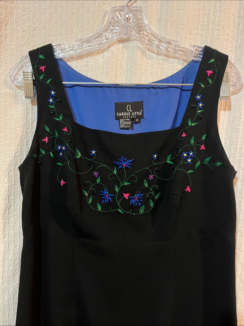 CAROL LITTLE Black Sleeveless Lined Dress w Dainty Embroidered & Beaded Flowers